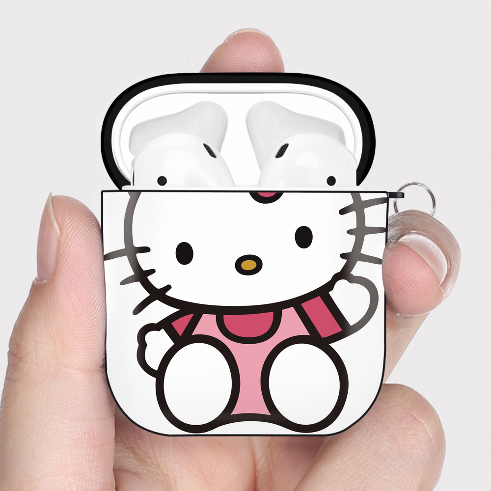 （画像用） Hello Kitty ハローキティ AirPods 第2世代保護ケース ハードシェル ブラック 耐衝撃・防指紋・カラビナ付き