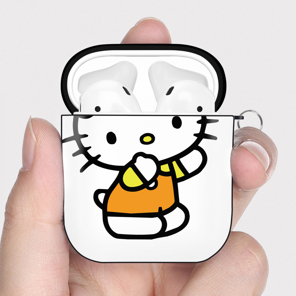 （画像用） Hello Kitty ハローキティ AirPods 第2世代保護ケース ハードシェル ブラック 耐衝撃・防指紋・カラビナ付き