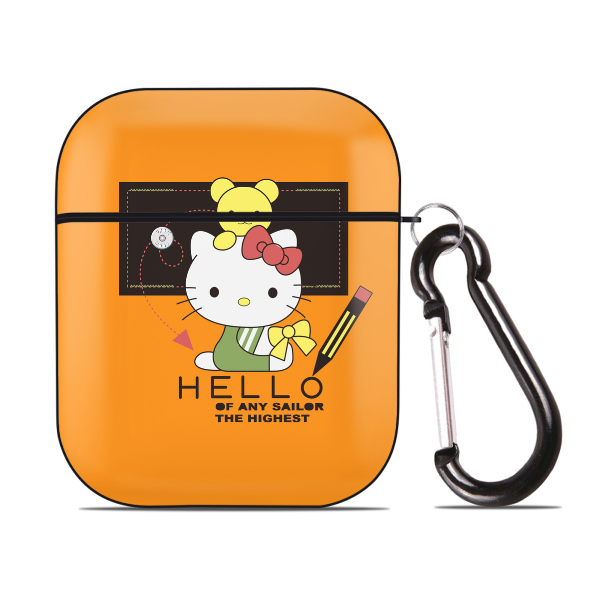 （画像用） Hello Kitty ハローキティ AirPods 第2世代保護ケース ハードシェル ブラック 耐衝撃・防指紋・カラビナ付き