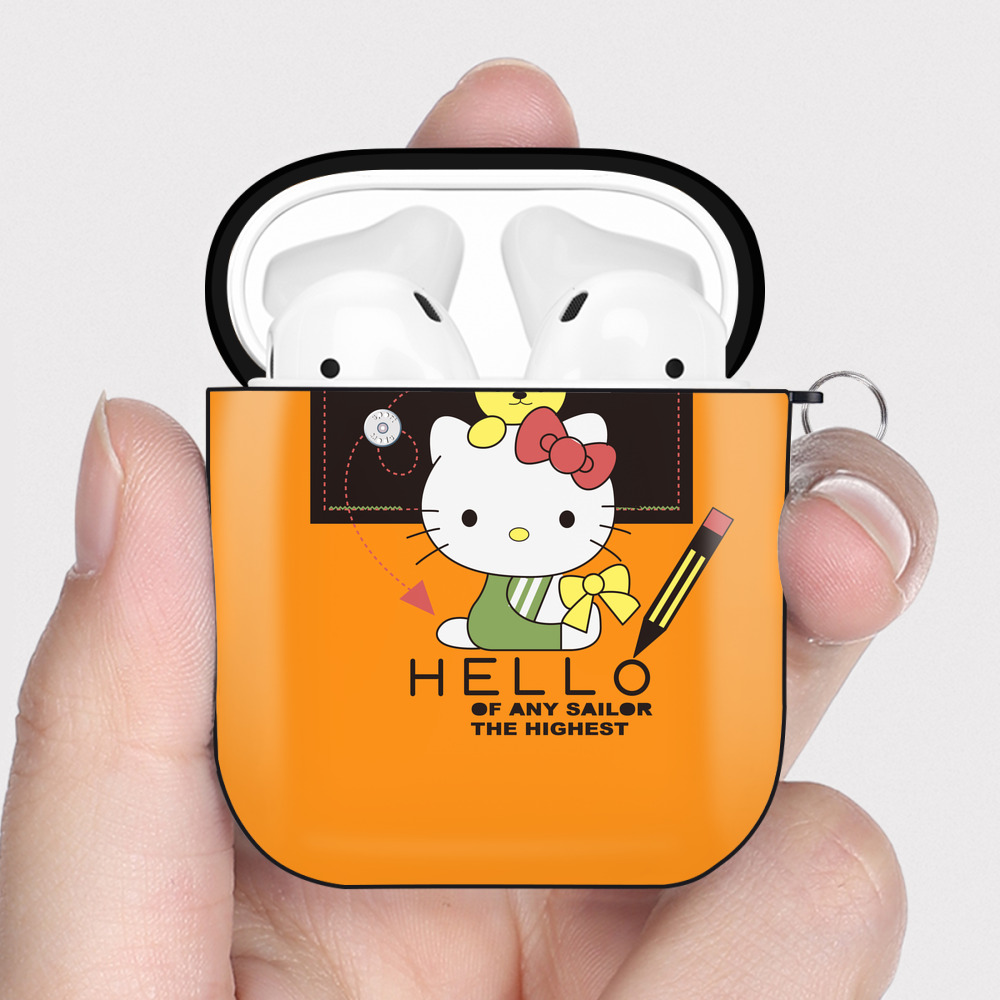 （画像用） Hello Kitty ハローキティ AirPods 第2世代保護ケース ハードシェル ブラック 耐衝撃・防指紋・カラビナ付き