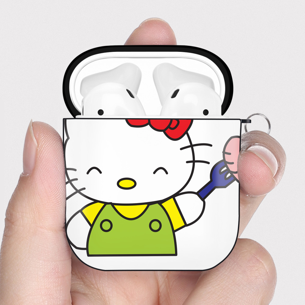 （画像用） Hello Kitty ハローキティ AirPods 第2世代保護ケース ハードシェル ブラック 耐衝撃・防指紋・カラビナ付き