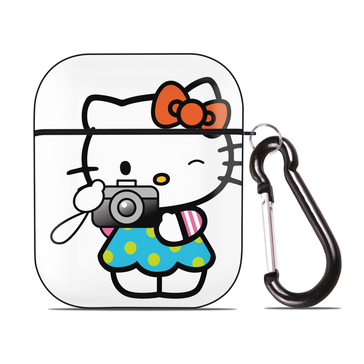 （画像用） Hello Kitty ハローキティ AirPods 第2世代保護ケース ハードシェル ブラック 耐衝撃・防指紋・カラビナ付き