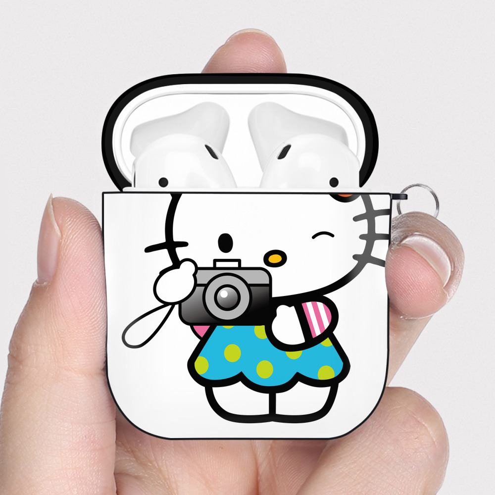 （画像用） Hello Kitty ハローキティ AirPods 第2世代保護ケース ハードシェル ブラック 耐衝撃・防指紋・カラビナ付き