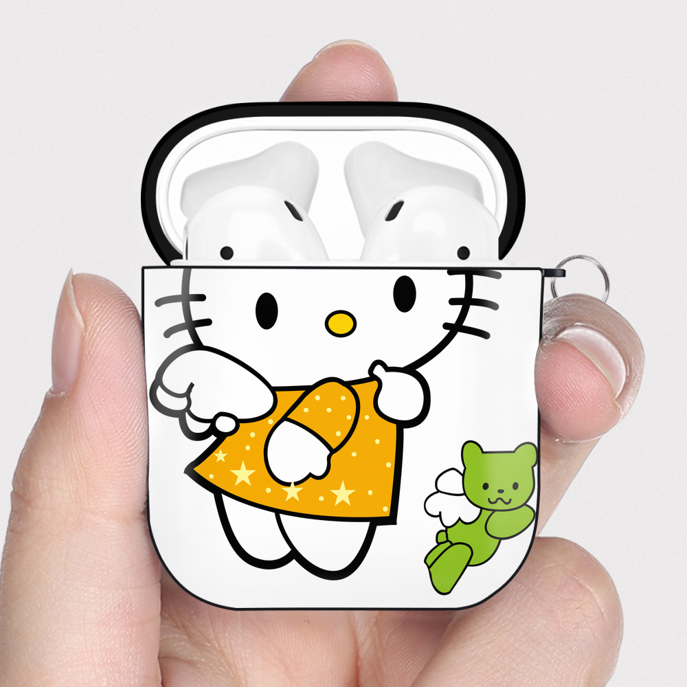 （画像用） Hello Kitty ハローキティ AirPods 第2世代保護ケース ハードシェル ブラック 耐衝撃・防指紋・カラビナ付き