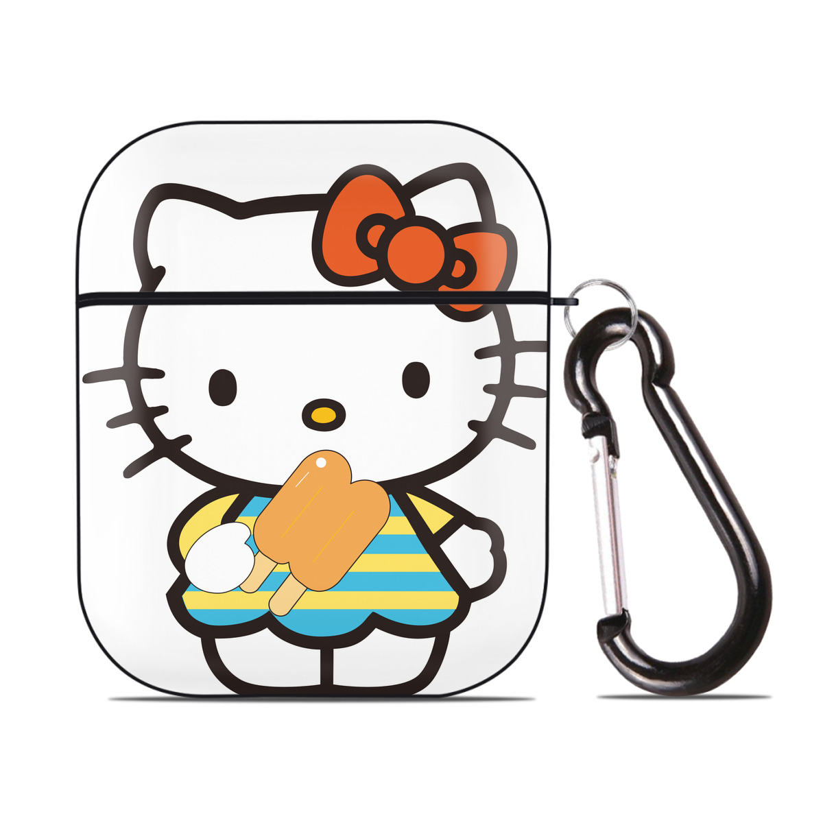 （画像用） Hello Kitty ハローキティ AirPods 第2世代保護ケース ハードシェル ブラック 耐衝撃・防指紋・カラビナ付き