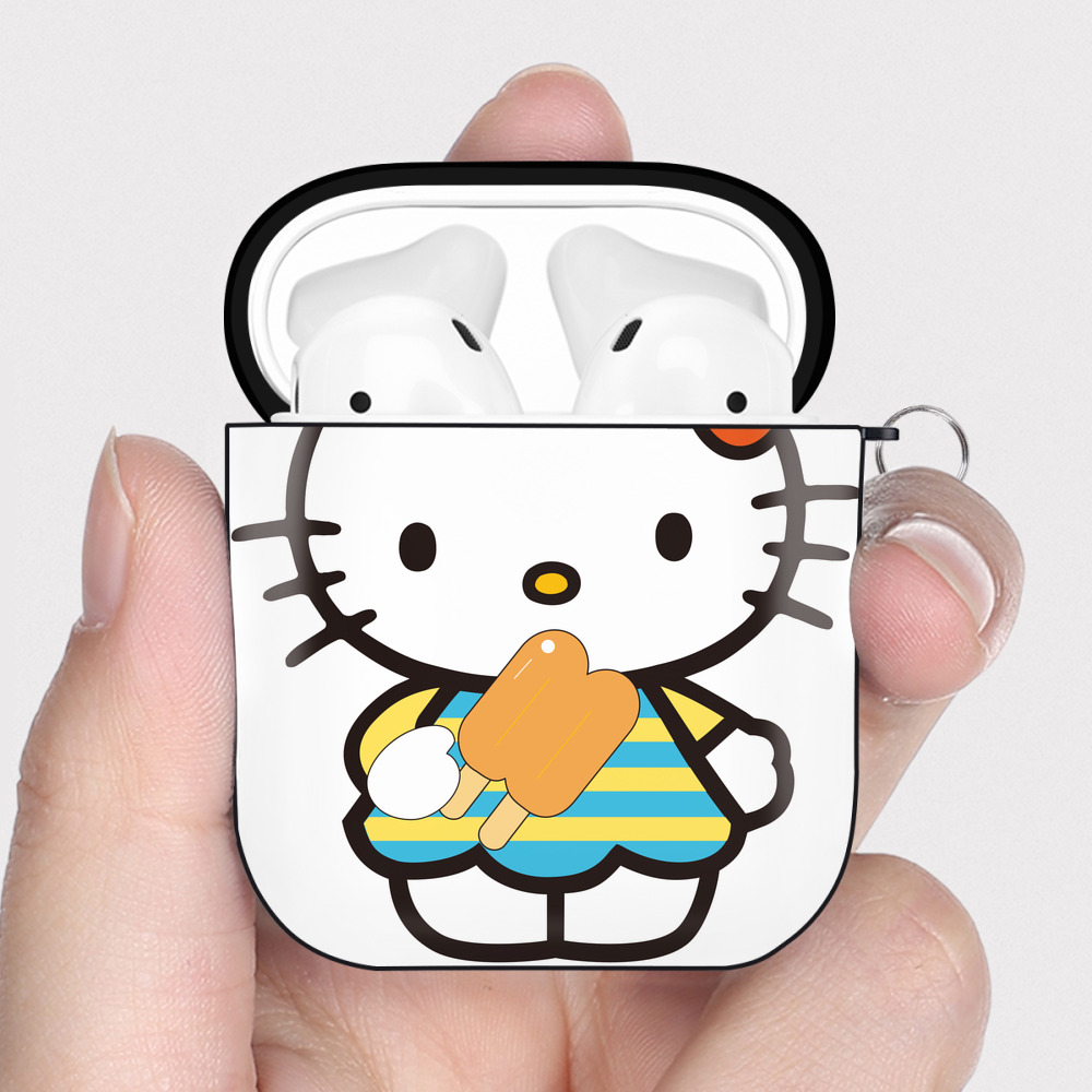 （画像用） Hello Kitty ハローキティ AirPods 第2世代保護ケース ハードシェル ブラック 耐衝撃・防指紋・カラビナ付き