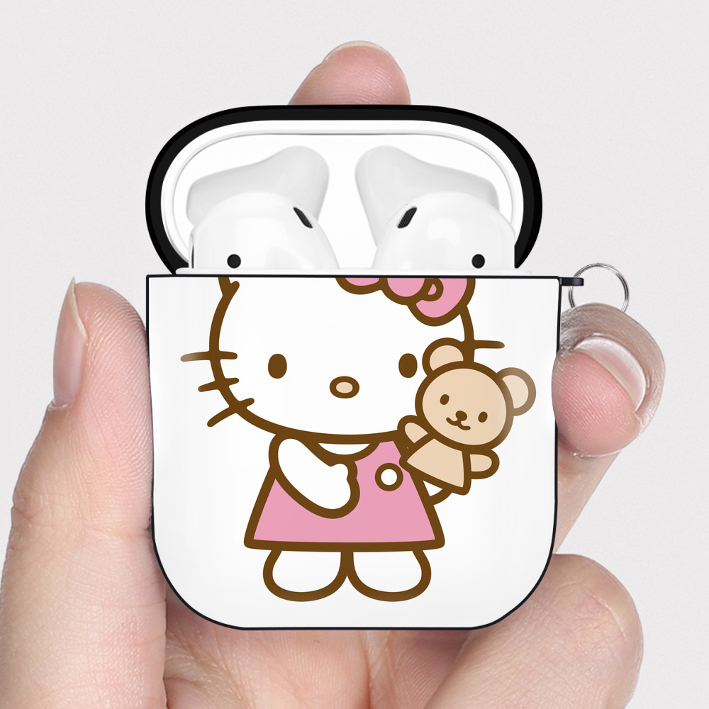 （画像用） Hello Kitty ハローキティ AirPods 第2世代保護ケース ハードシェル ブラック 耐衝撃・防指紋・カラビナ付き