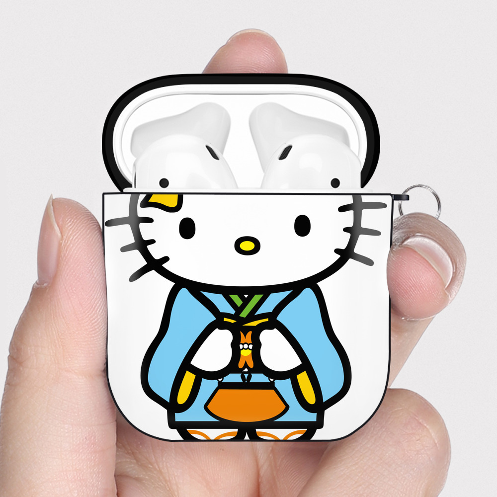 （画像用） Hello Kitty ハローキティ AirPods 第2世代保護ケース ハードシェル ブラック 耐衝撃・防指紋・カラビナ付き