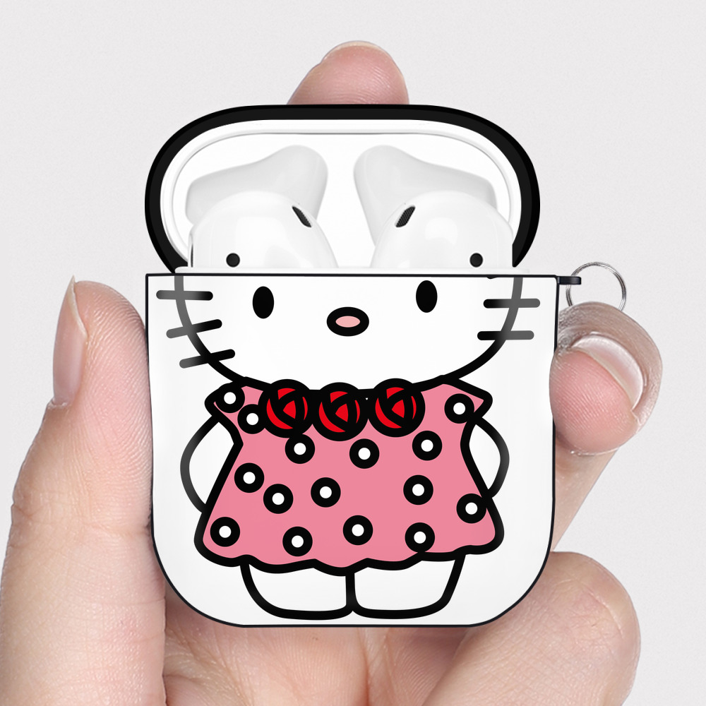 （画像用） Hello Kitty ハローキティ AirPods 第2世代保護ケース ハードシェル ブラック 耐衝撃・防指紋・カラビナ付き