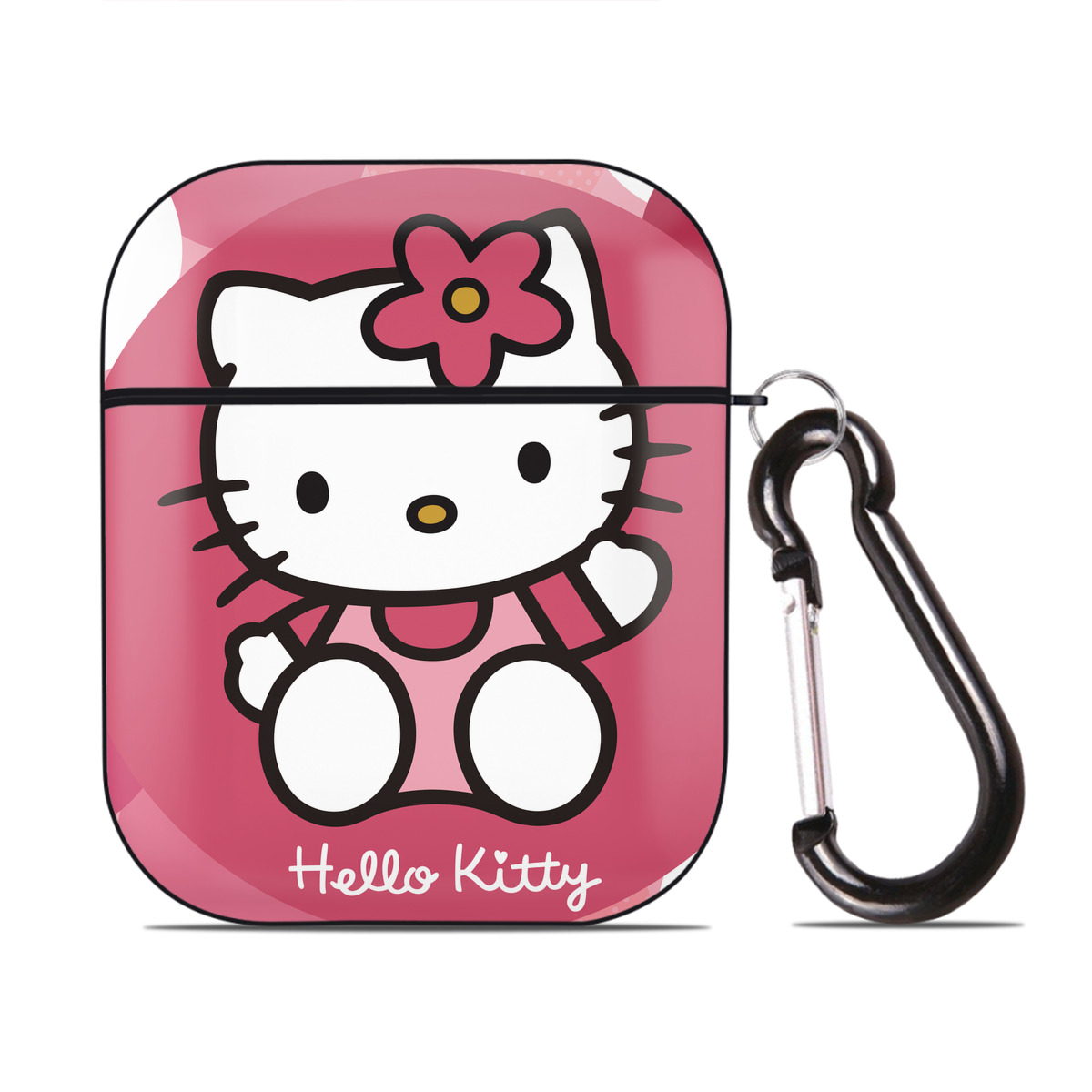 （画像用） Hello Kitty ハローキティ AirPods 第2世代保護ケース ハードシェル ブラック 耐衝撃・防指紋・カラビナ付き