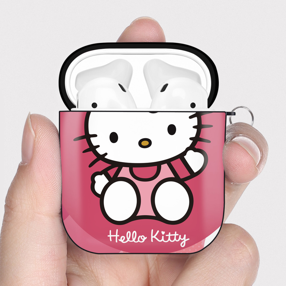 （画像用） Hello Kitty ハローキティ AirPods 第2世代保護ケース ハードシェル ブラック 耐衝撃・防指紋・カラビナ付き