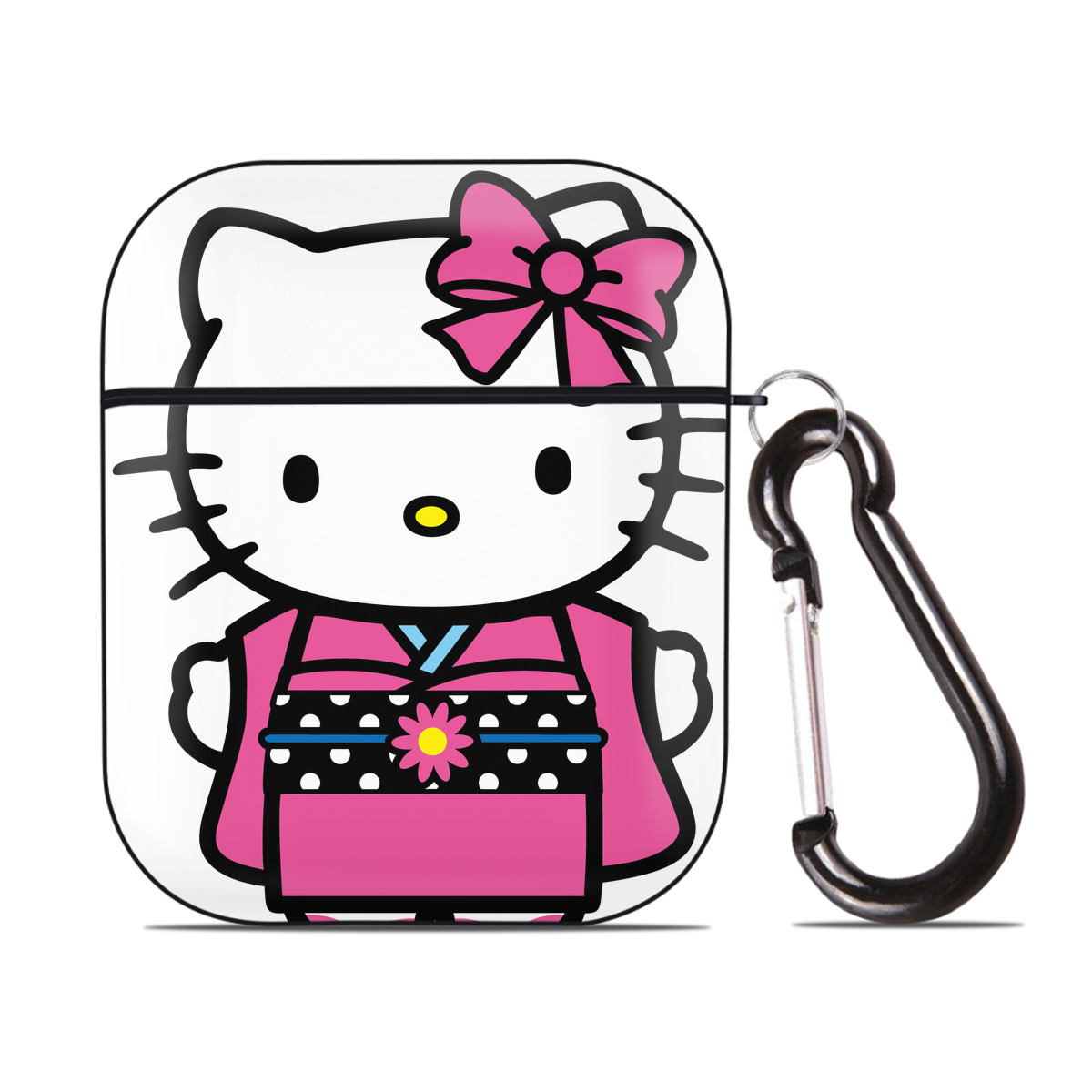 （画像用） Hello Kitty ハローキティ AirPods 第2世代保護ケース ハードシェル ブラック 耐衝撃・防指紋・カラビナ付き