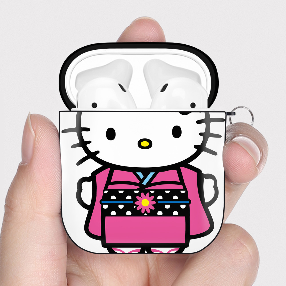 （画像用） Hello Kitty ハローキティ AirPods 第2世代保護ケース ハードシェル ブラック 耐衝撃・防指紋・カラビナ付き