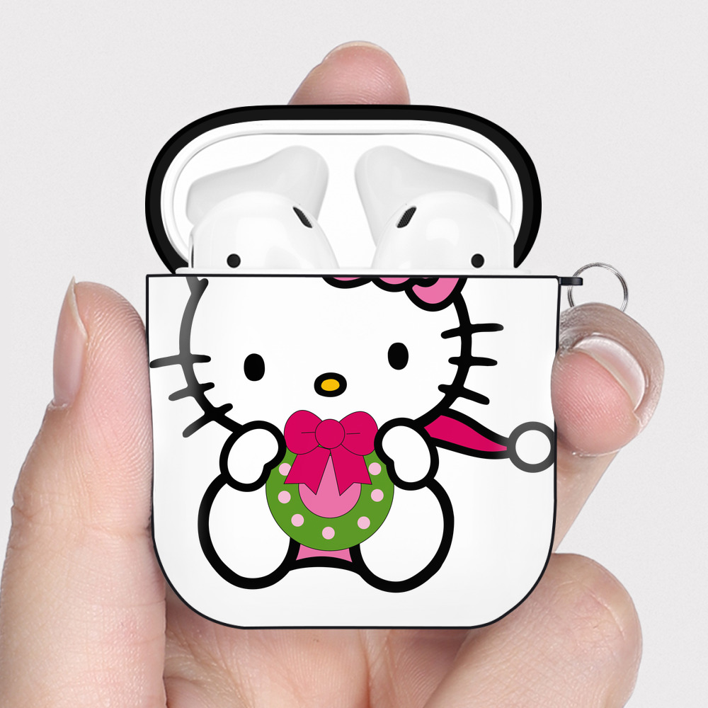 （画像用） Hello Kitty ハローキティ AirPods 第2世代保護ケース ハードシェル ブラック 耐衝撃・防指紋・カラビナ付き
