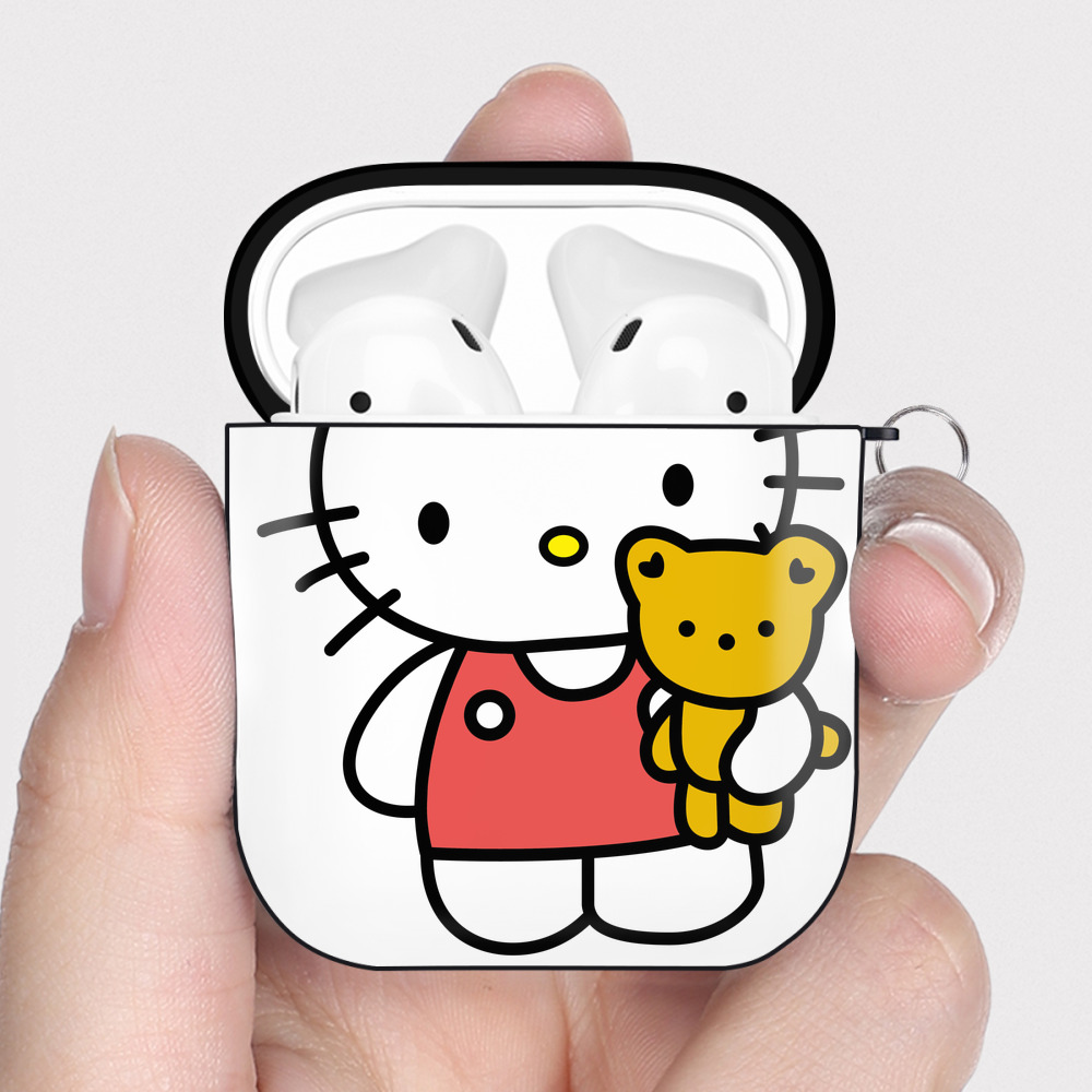 （画像用） Hello Kitty ハローキティ AirPods 第2世代保護ケース ハードシェル ブラック 耐衝撃・防指紋・カラビナ付き