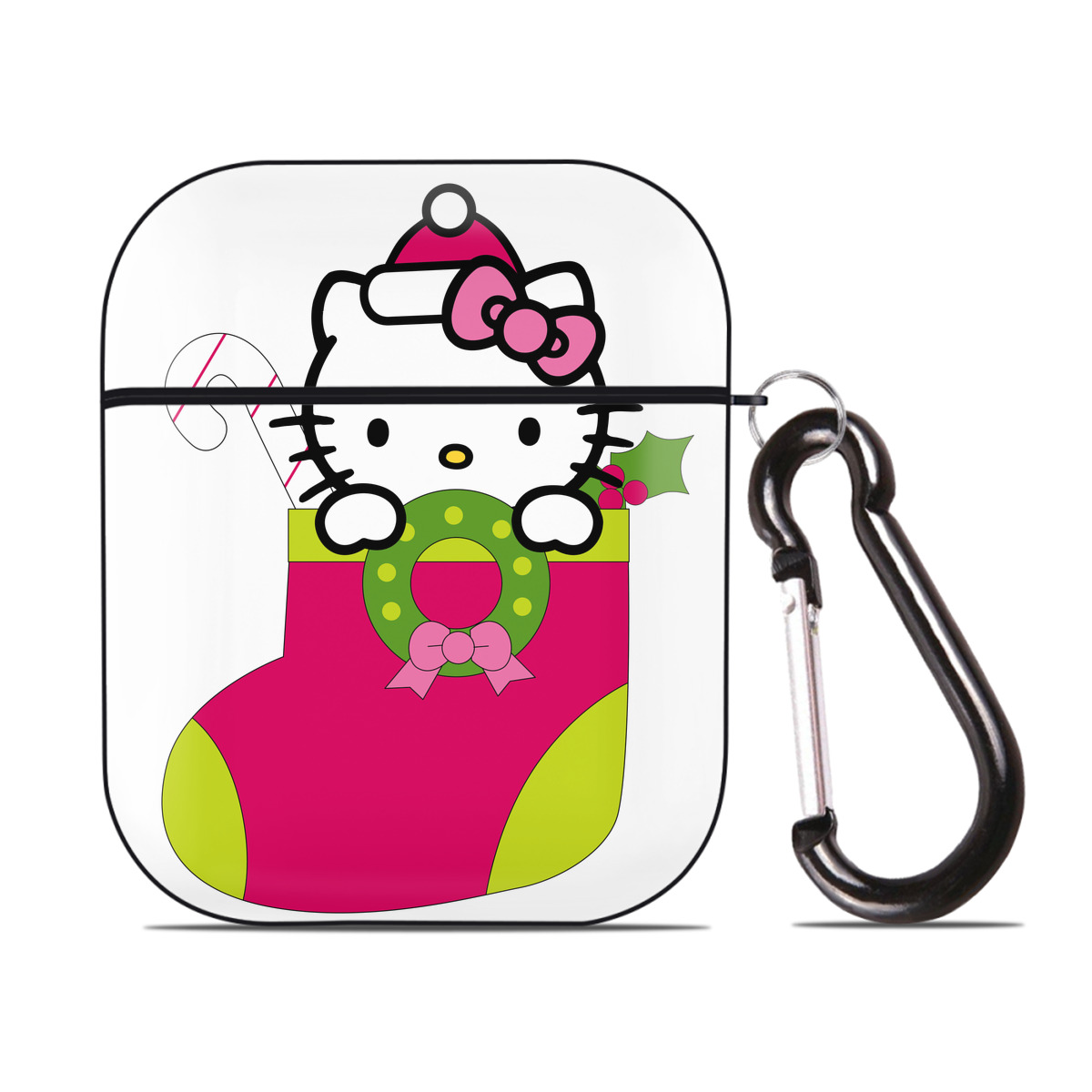 （画像用） Hello Kitty ハローキティ AirPods 第2世代保護ケース ハードシェル ブラック 耐衝撃・防指紋・カラビナ付き