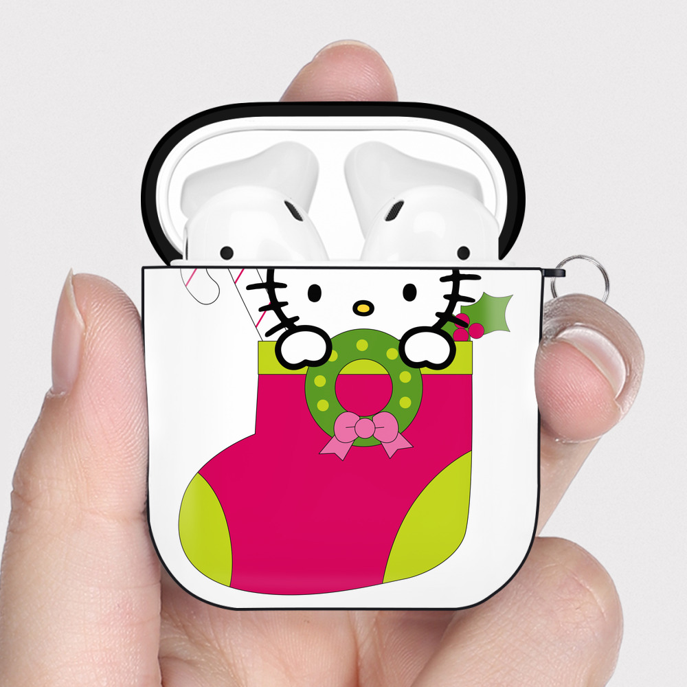 （画像用） Hello Kitty ハローキティ AirPods 第2世代保護ケース ハードシェル ブラック 耐衝撃・防指紋・カラビナ付き