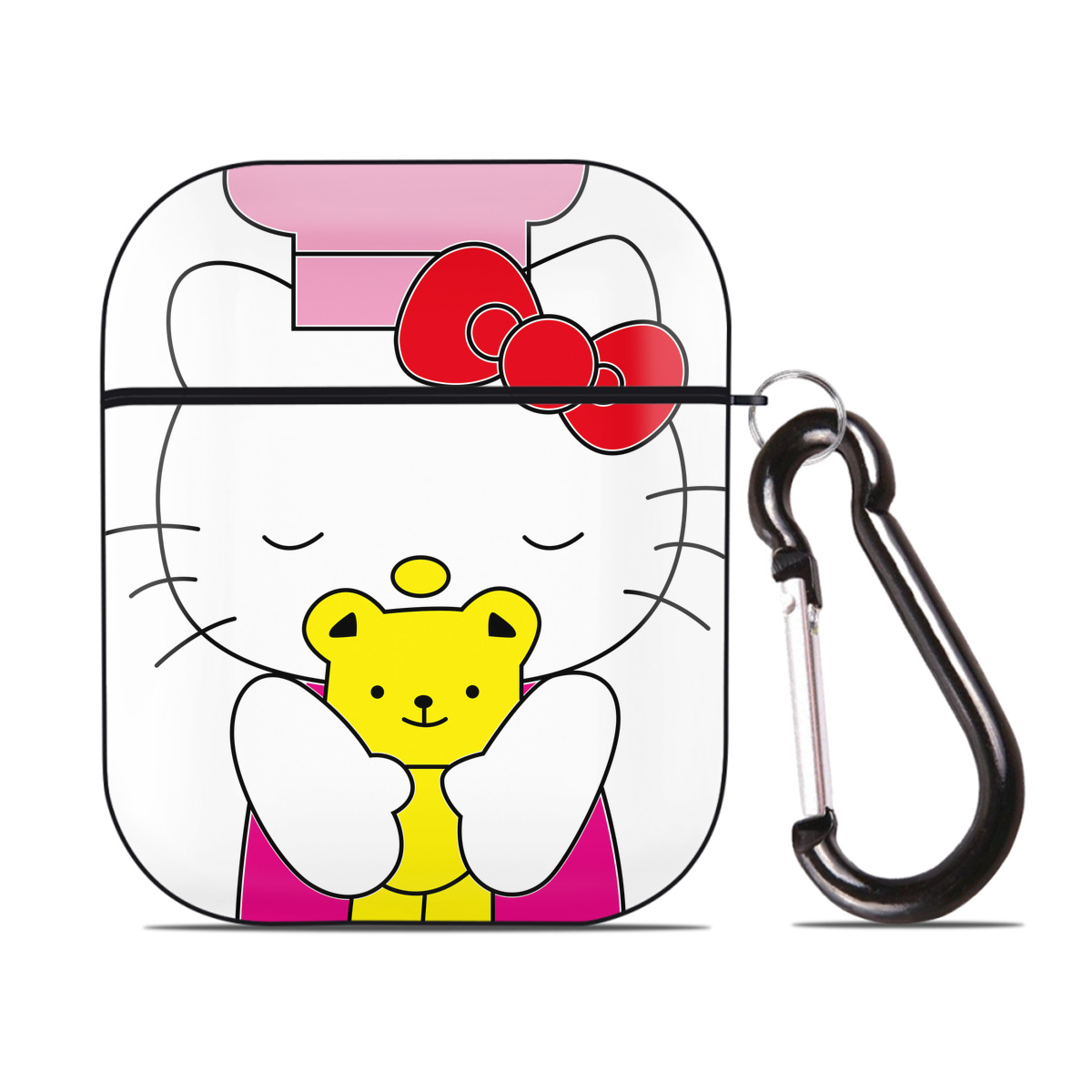 （画像用） Hello Kitty ハローキティ AirPods 第2世代保護ケース ハードシェル ブラック 耐衝撃・防指紋・カラビナ付き