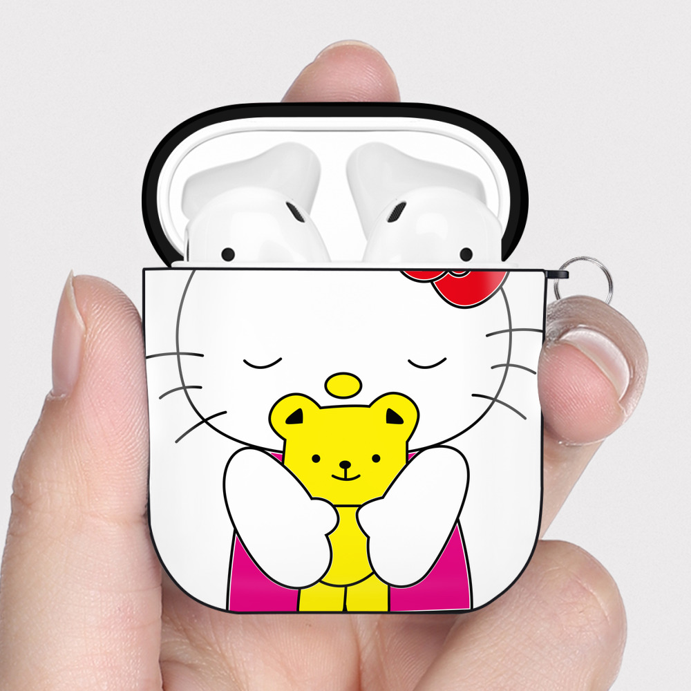 （画像用） Hello Kitty ハローキティ AirPods 第2世代保護ケース ハードシェル ブラック 耐衝撃・防指紋・カラビナ付き