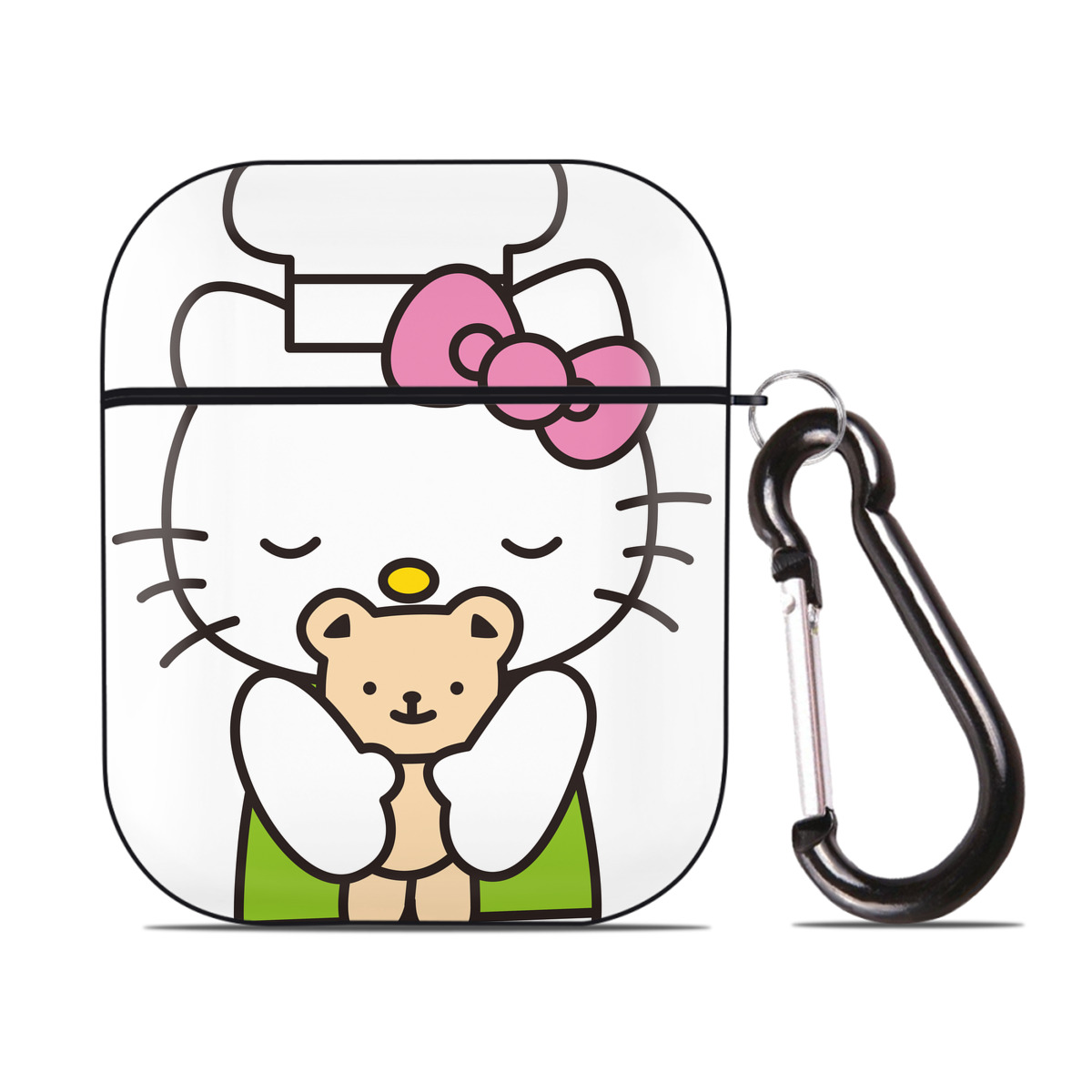 （画像用） Hello Kitty ハローキティ AirPods 第2世代保護ケース ハードシェル ブラック 耐衝撃・防指紋・カラビナ付き