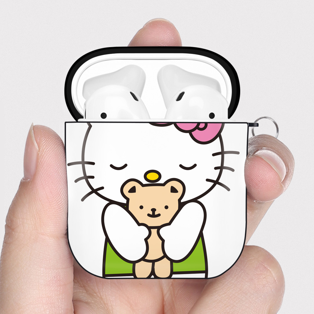 （画像用） Hello Kitty ハローキティ AirPods 第2世代保護ケース ハードシェル ブラック 耐衝撃・防指紋・カラビナ付き