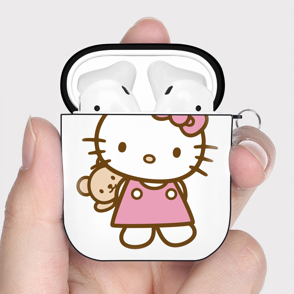 （画像用） Hello Kitty ハローキティ AirPods 第2世代保護ケース ハードシェル ブラック 耐衝撃・防指紋・カラビナ付き