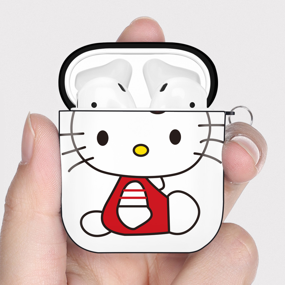 （画像用） Hello Kitty ハローキティ AirPods 第2世代保護ケース ハードシェル ブラック 耐衝撃・防指紋・カラビナ付き