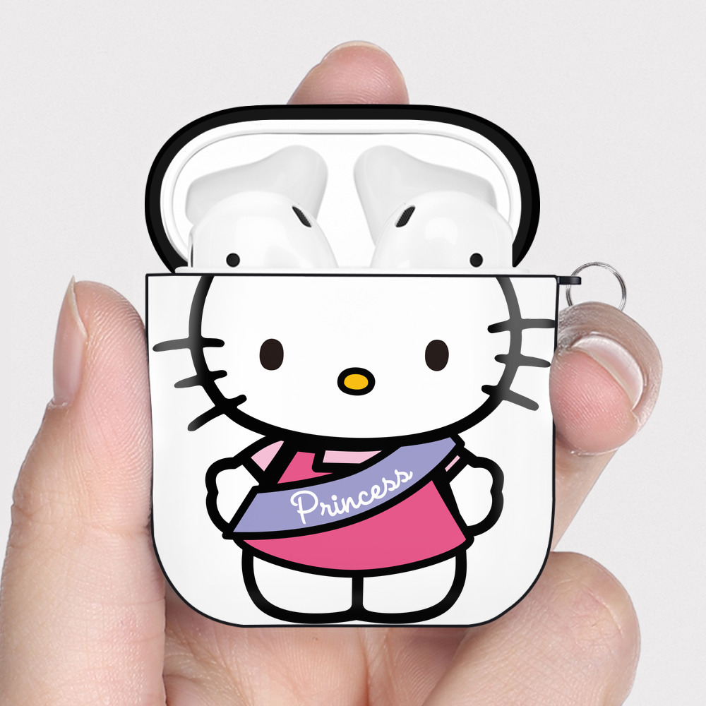 （画像用） Hello Kitty ハローキティ AirPods 第2世代保護ケース ハードシェル ブラック 耐衝撃・防指紋・カラビナ付き