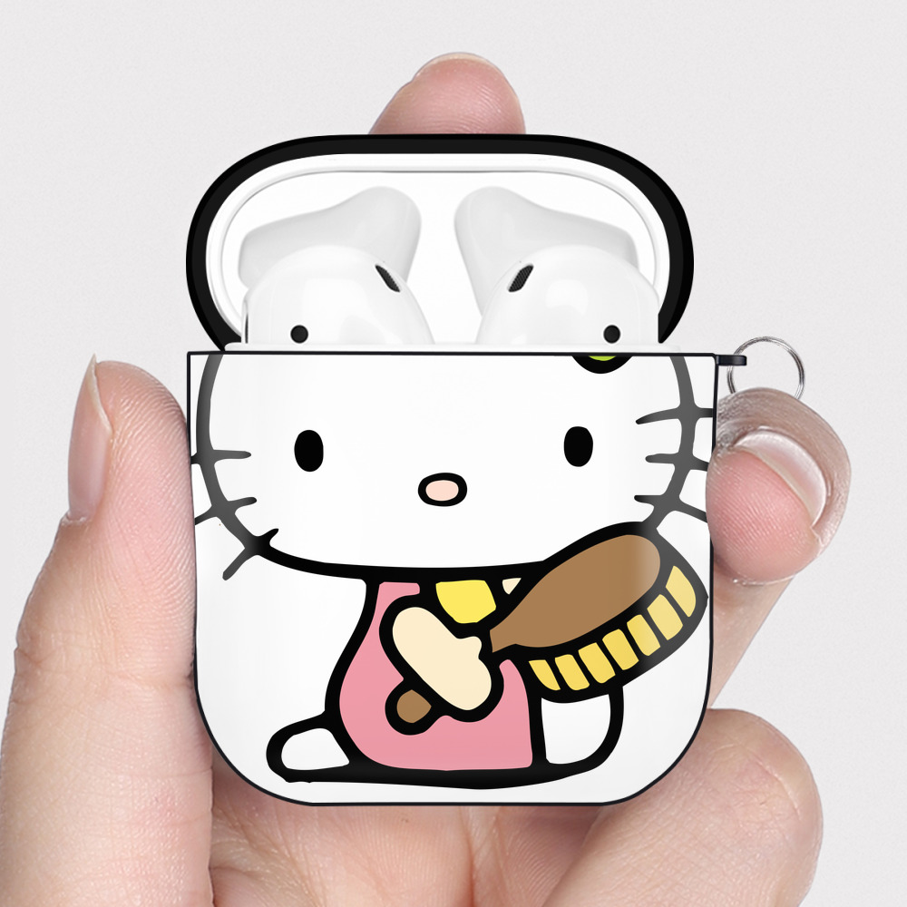 （画像用） Hello Kitty ハローキティ AirPods 第2世代保護ケース ハードシェル ブラック 耐衝撃・防指紋・カラビナ付き