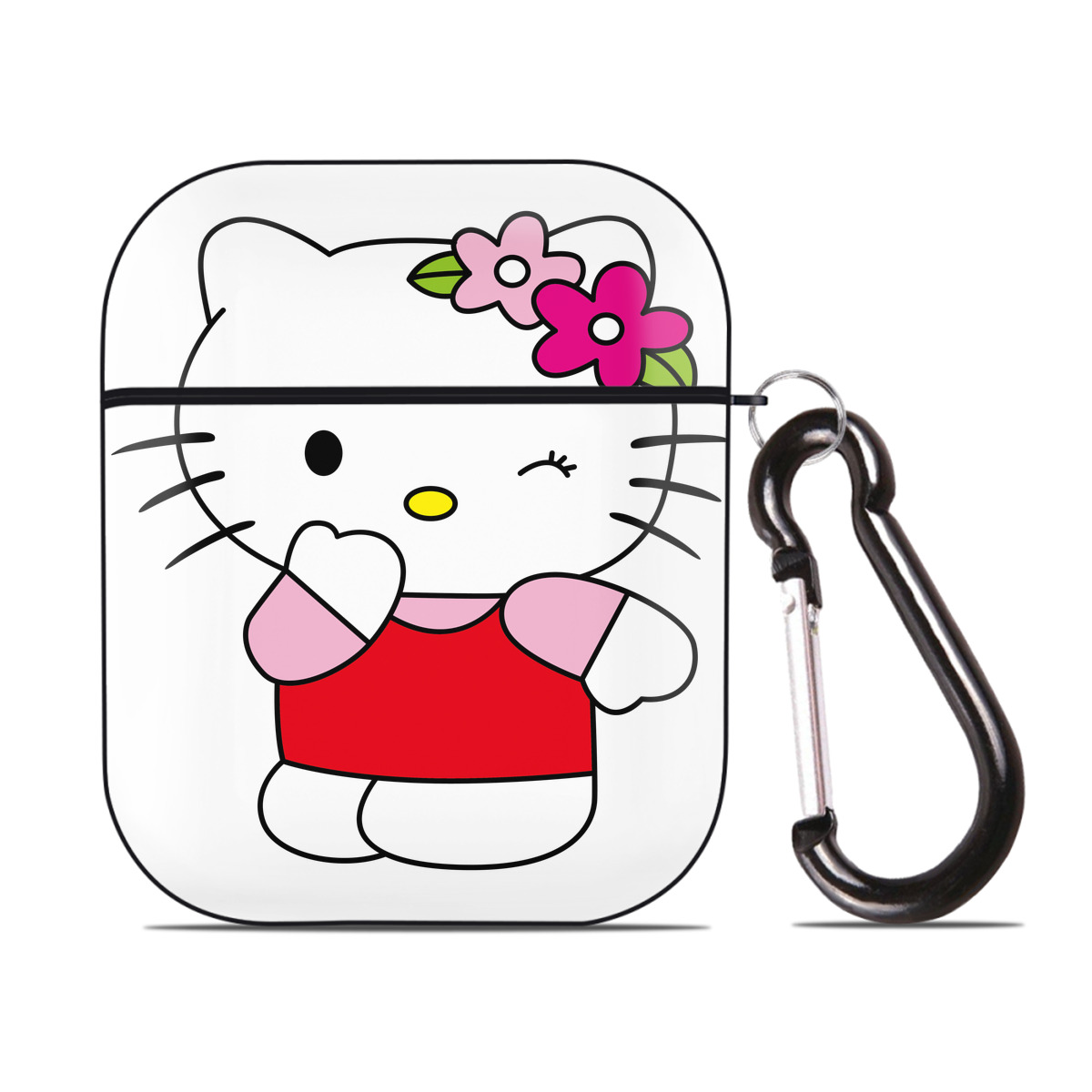 （画像用） Hello Kitty ハローキティ AirPods 第2世代保護ケース ハードシェル ブラック 耐衝撃・防指紋・カラビナ付き