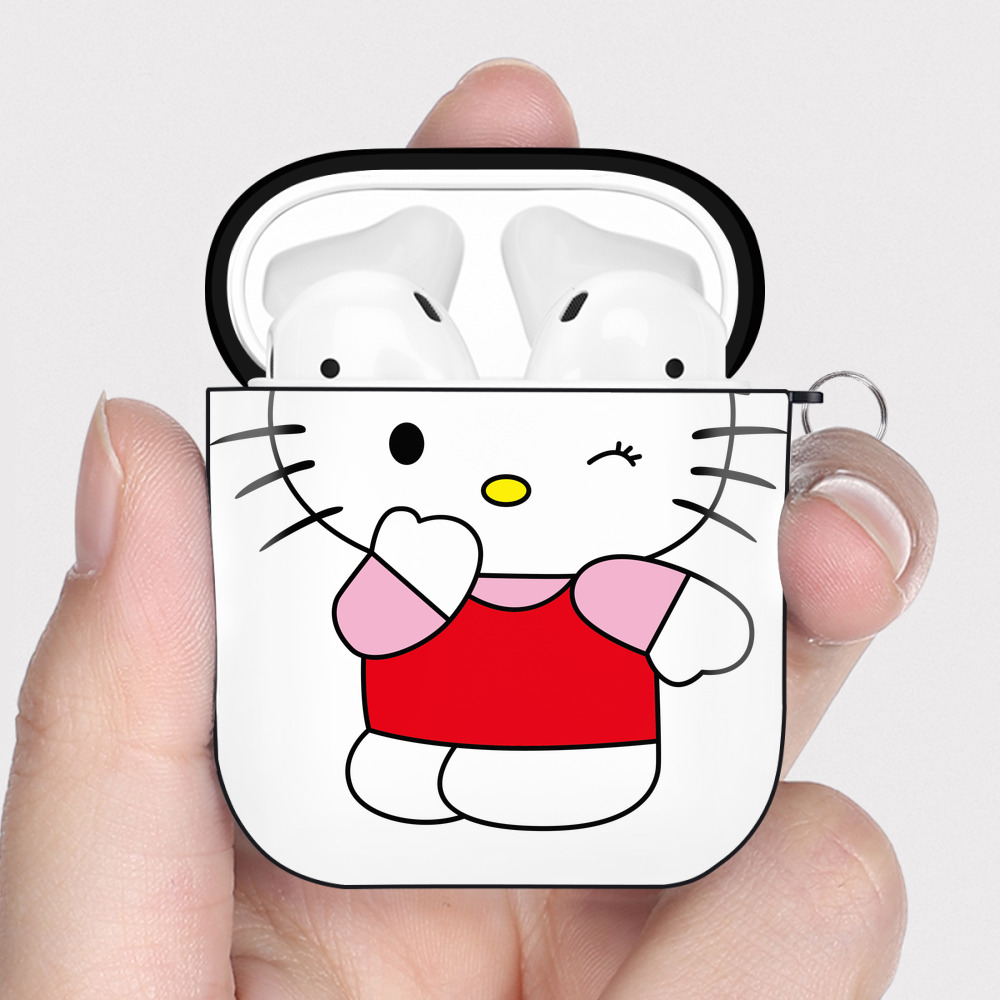 （画像用） Hello Kitty ハローキティ AirPods 第2世代保護ケース ハードシェル ブラック 耐衝撃・防指紋・カラビナ付き