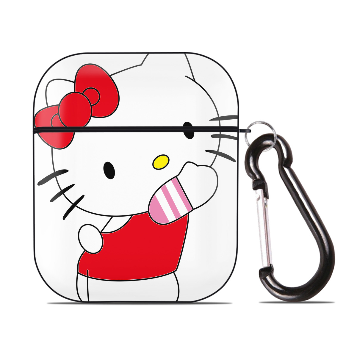 （画像用） Hello Kitty ハローキティ AirPods 第2世代保護ケース ハードシェル ブラック 耐衝撃・防指紋・カラビナ付き