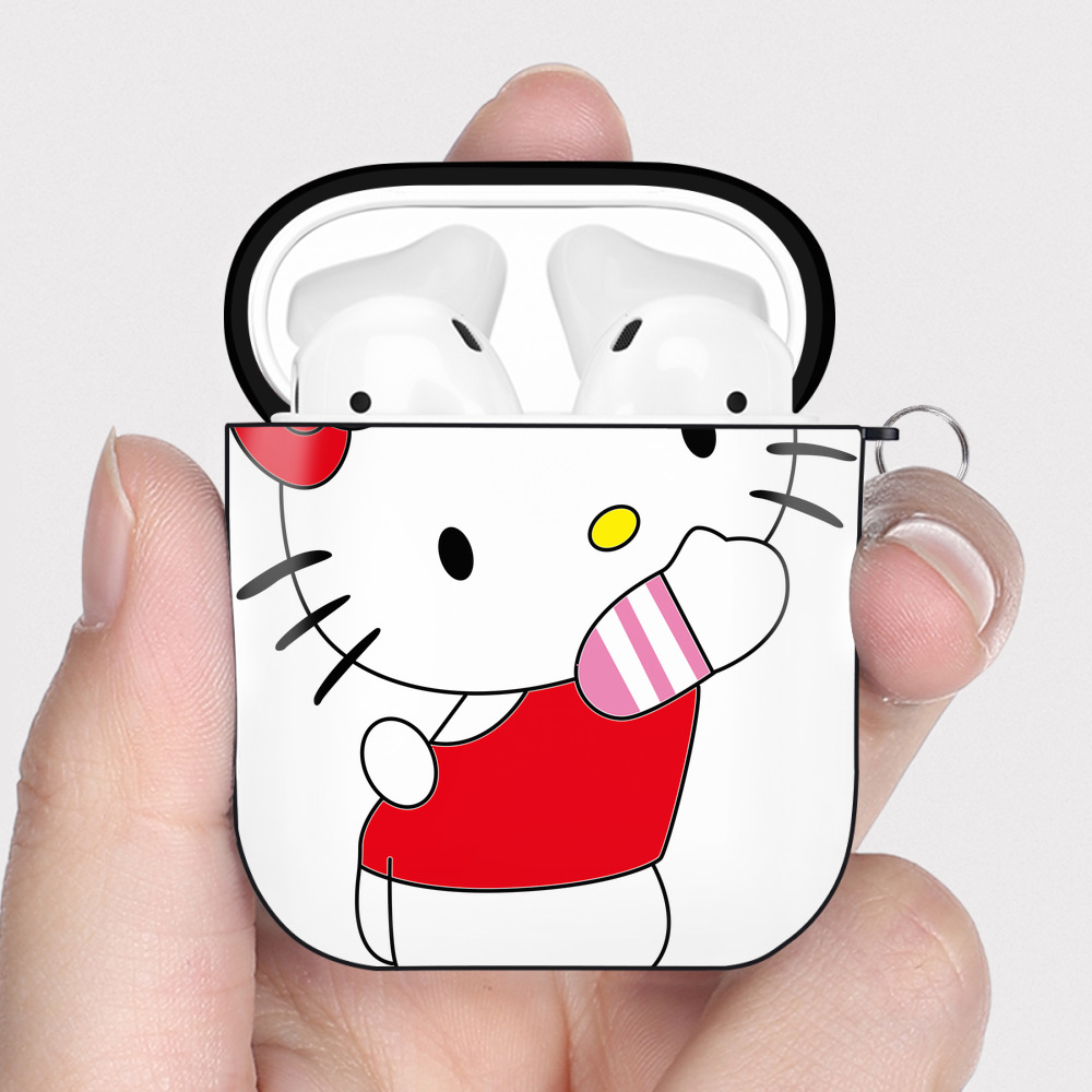 （画像用） Hello Kitty ハローキティ AirPods 第2世代保護ケース ハードシェル ブラック 耐衝撃・防指紋・カラビナ付き