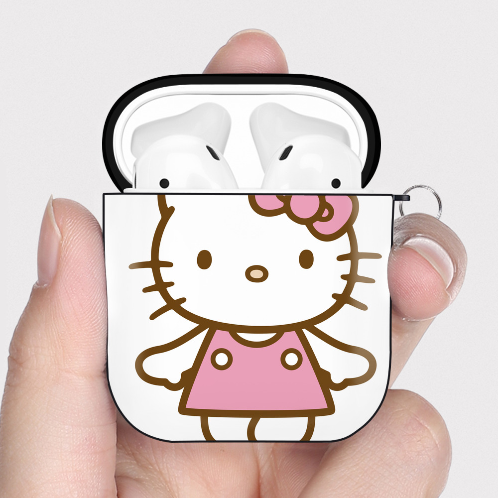 （画像用） Hello Kitty ハローキティ AirPods 第2世代保護ケース ハードシェル ブラック 耐衝撃・防指紋・カラビナ付き