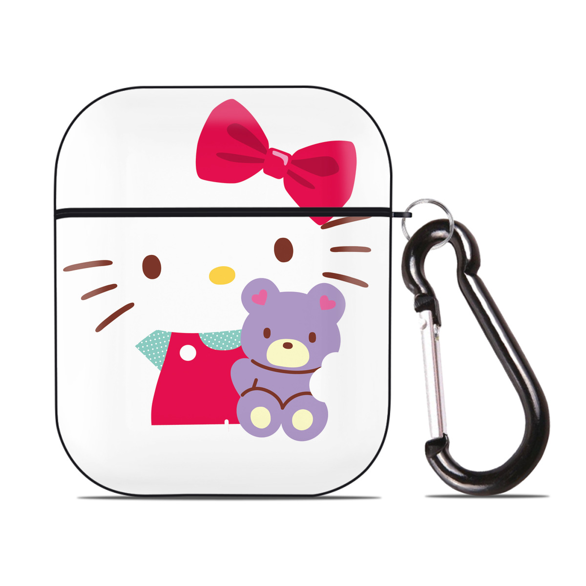 （画像用） Hello Kitty ハローキティ AirPods 第2世代保護ケース ハードシェル ブラック 耐衝撃・防指紋・カラビナ付き