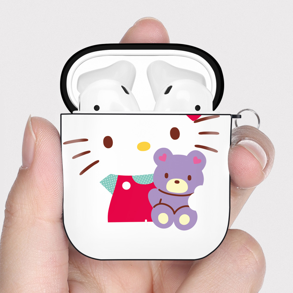 （画像用） Hello Kitty ハローキティ AirPods 第2世代保護ケース ハードシェル ブラック 耐衝撃・防指紋・カラビナ付き