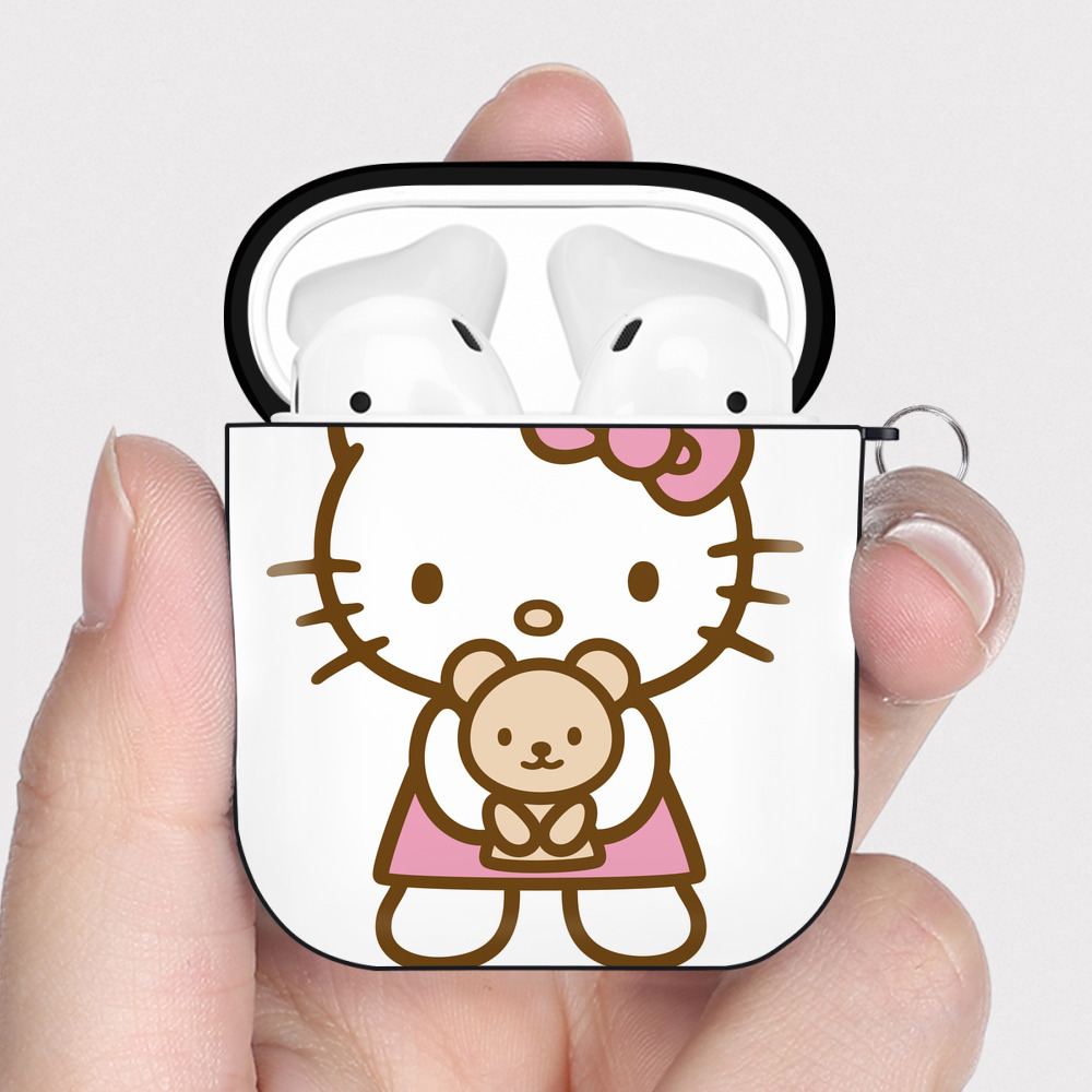 （画像用） Hello Kitty ハローキティ AirPods 第2世代保護ケース ハードシェル ブラック 耐衝撃・防指紋・カラビナ付き