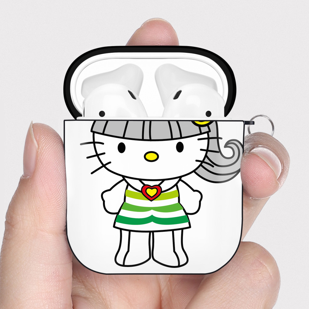 （画像用） Hello Kitty ハローキティ AirPods 第2世代保護ケース ハードシェル ブラック 耐衝撃・防指紋・カラビナ付き