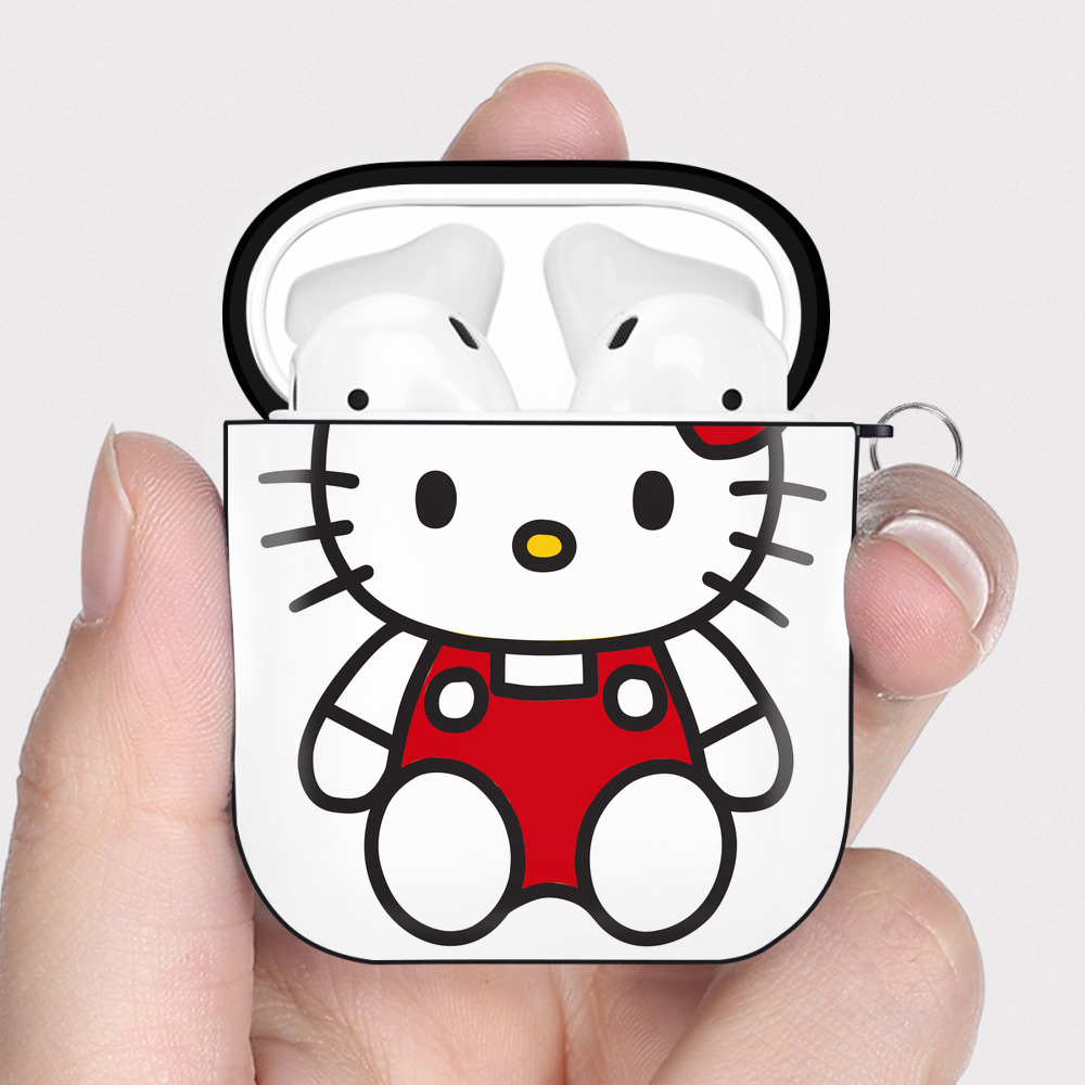 （画像用） Hello Kitty ハローキティ AirPods 第2世代保護ケース ハードシェル ブラック 耐衝撃・防指紋・カラビナ付き