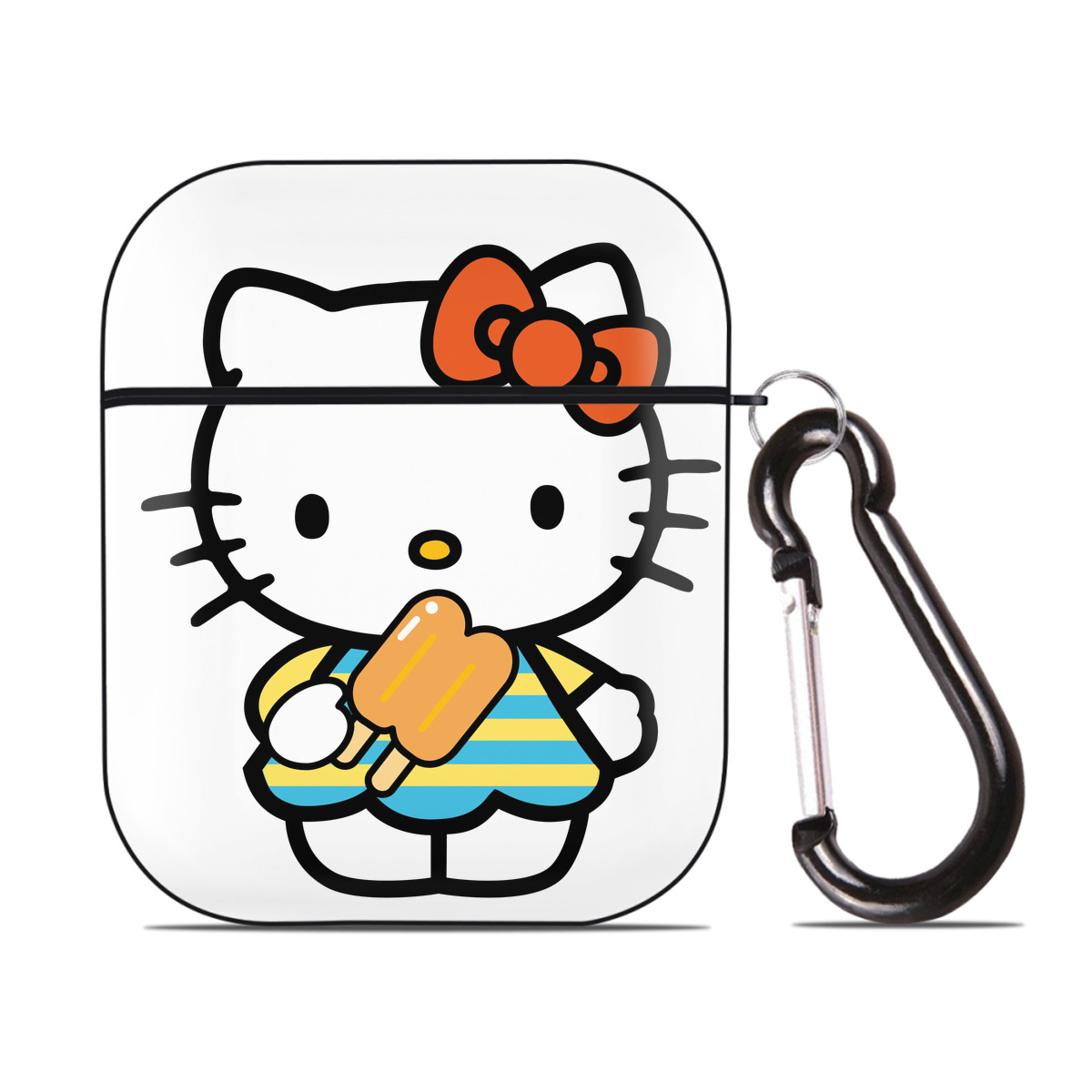 （画像用） Hello Kitty ハローキティ AirPods 第2世代保護ケース ハードシェル ブラック 耐衝撃・防指紋・カラビナ付き