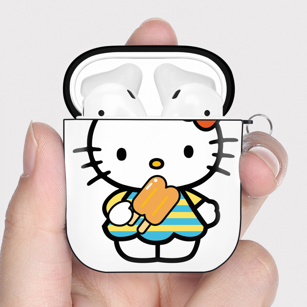 （画像用） Hello Kitty ハローキティ AirPods 第2世代保護ケース ハードシェル ブラック 耐衝撃・防指紋・カラビナ付き