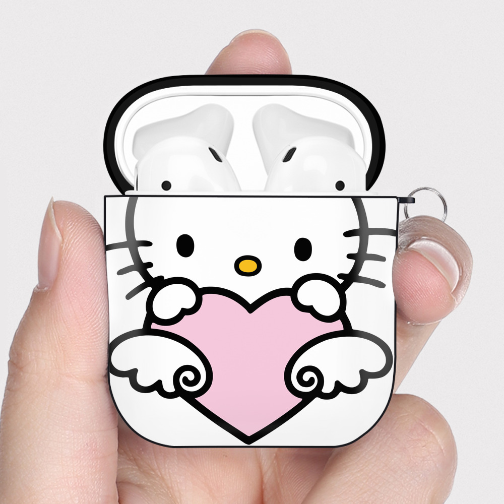 （画像用） Hello Kitty ハローキティ AirPods 第2世代保護ケース ハードシェル ブラック 耐衝撃・防指紋・カラビナ付き