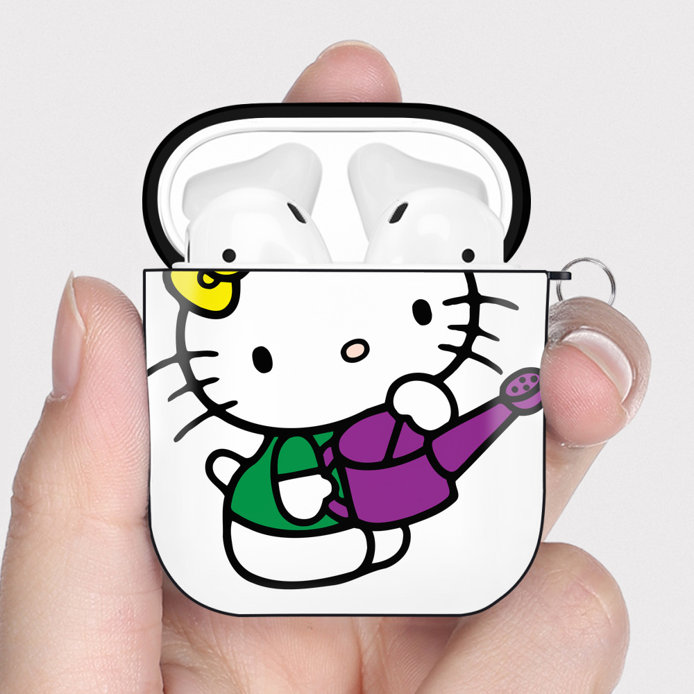（画像用） Hello Kitty ハローキティ AirPods 第2世代保護ケース ハードシェル ブラック 耐衝撃・防指紋・カラビナ付き