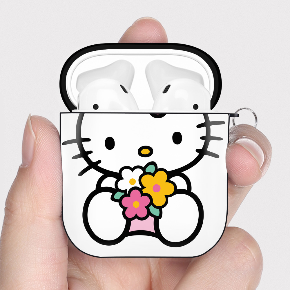 （画像用） Hello Kitty ハローキティ AirPods 第2世代保護ケース ハードシェル ブラック 耐衝撃・防指紋・カラビナ付き