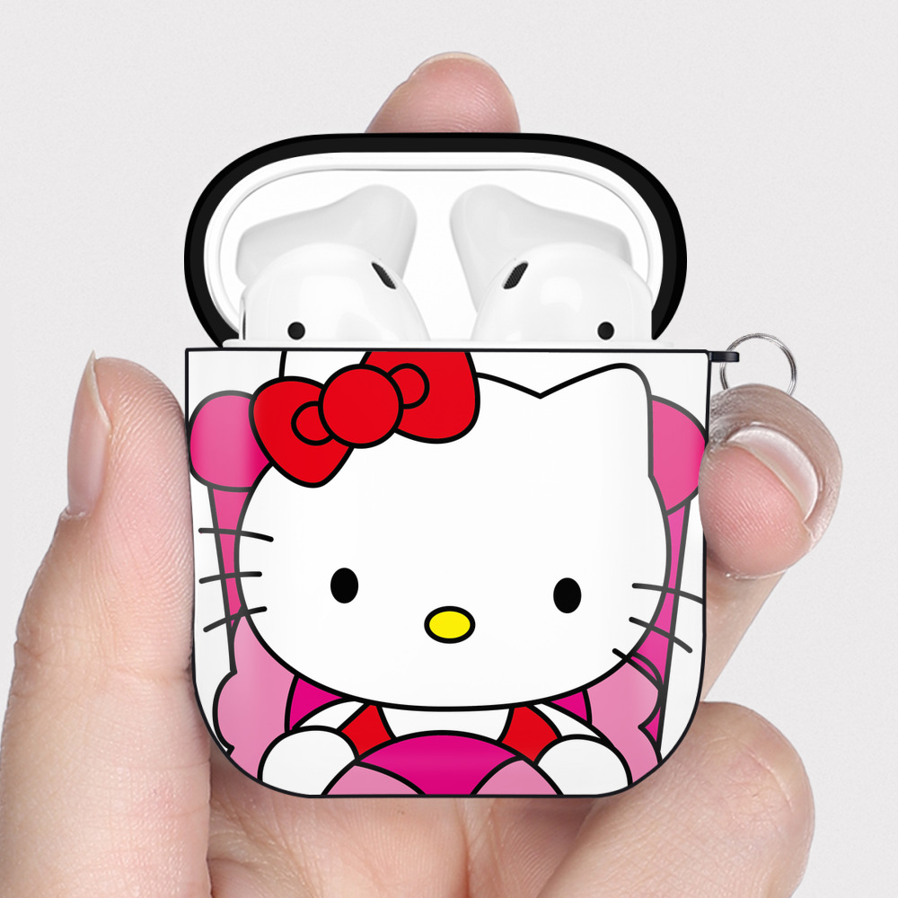 （画像用） Hello Kitty ハローキティ AirPods 第2世代保護ケース ハードシェル ブラック 耐衝撃・防指紋・カラビナ付き