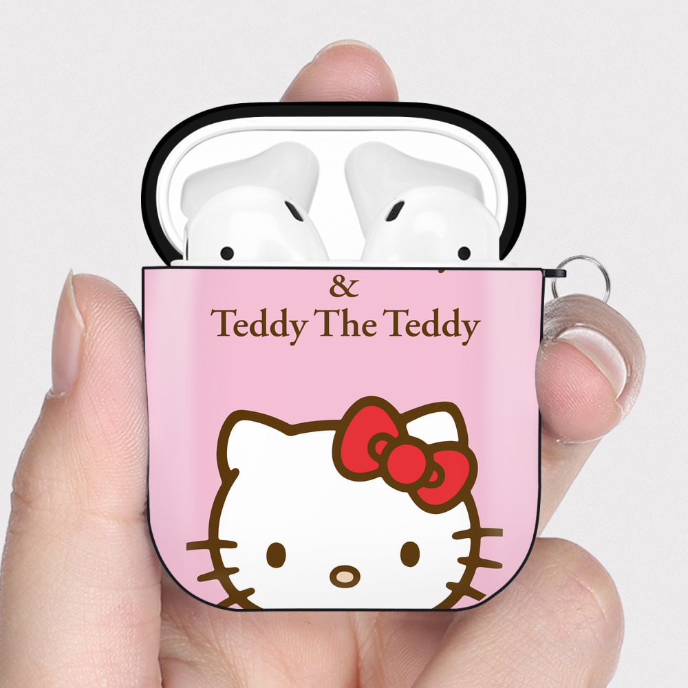 （画像用） Hello Kitty ハローキティ AirPods 第2世代保護ケース ハードシェル ブラック 耐衝撃・防指紋・カラビナ付き
