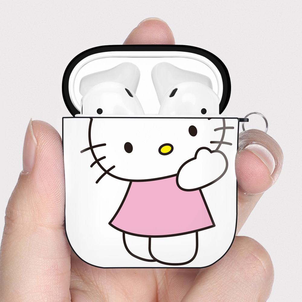（画像用） Hello Kitty ハローキティ AirPods 第2世代保護ケース ハードシェル ブラック 耐衝撃・防指紋・カラビナ付き