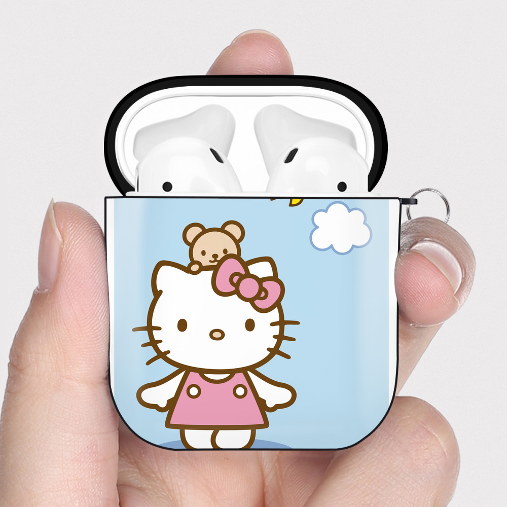 （画像用） Hello Kitty ハローキティ AirPods 第2世代保護ケース ハードシェル ブラック 耐衝撃・防指紋・カラビナ付き