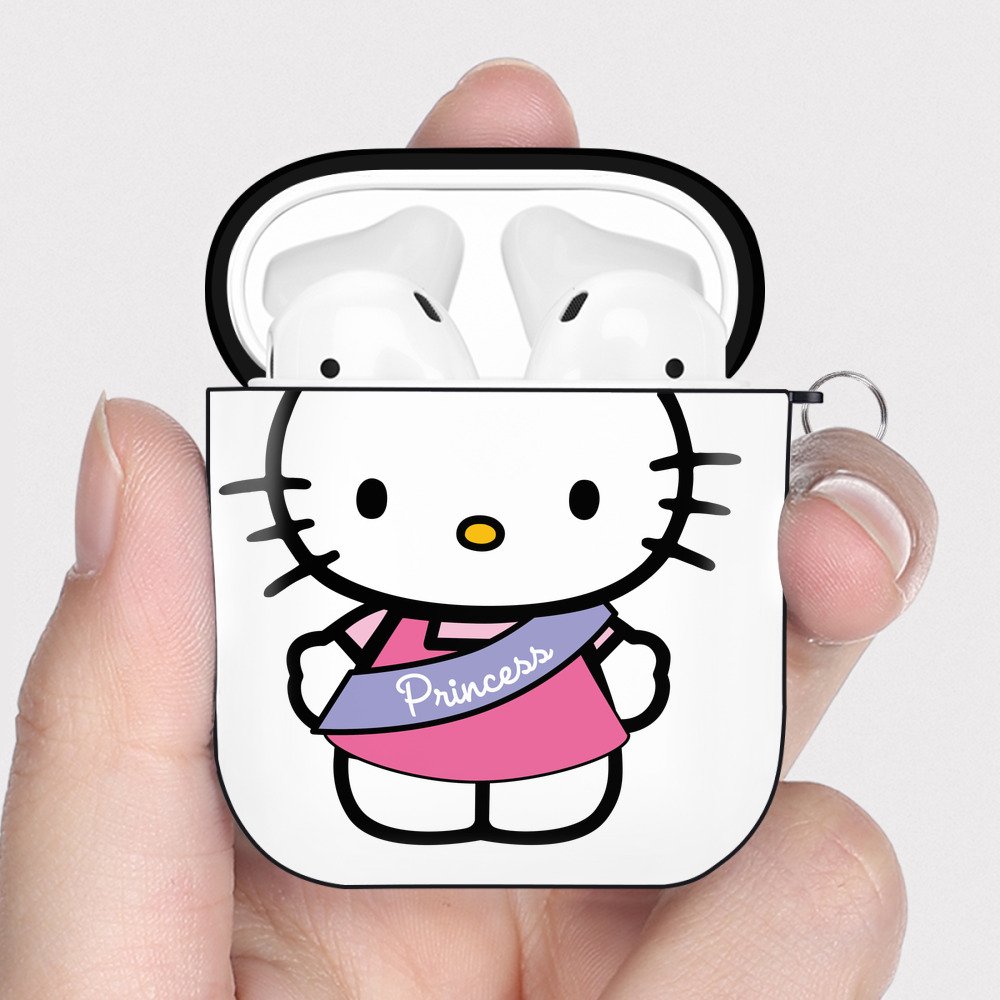 （画像用） Hello Kitty ハローキティ AirPods 第2世代保護ケース ハードシェル ブラック 耐衝撃・防指紋・カラビナ付き