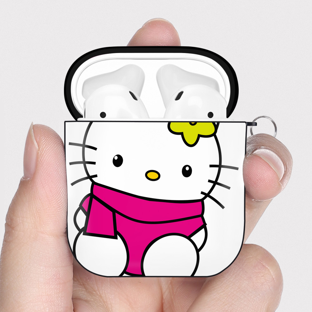 （画像用） Hello Kitty ハローキティ AirPods 第2世代保護ケース ハードシェル ブラック 耐衝撃・防指紋・カラビナ付き